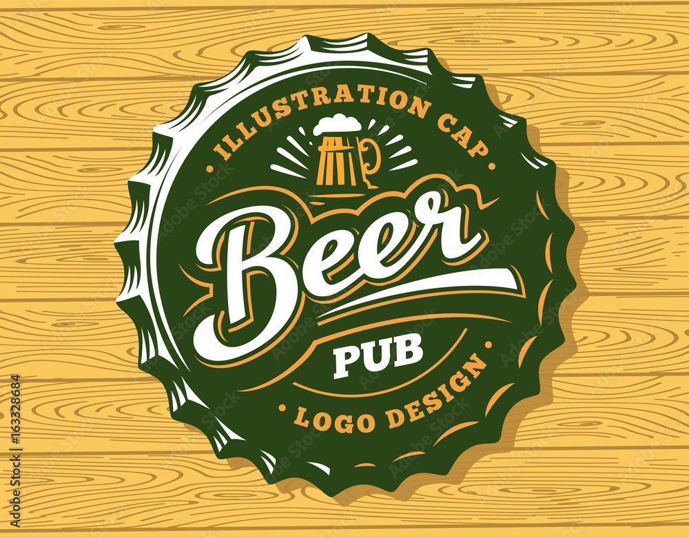 Wall mural Mug beer logo on cap - vector illustration, emblem brewery design on wood background