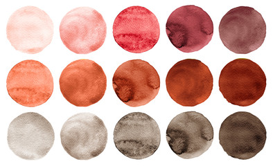 Set of burgundy, brown, dark red, sienna, rufous, maroon watercolor circles isolated on white.