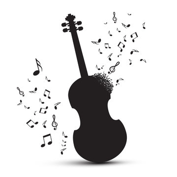 Violin Silhouette with Notes Isolated on White Background. Vector Abstract Music Illustration.