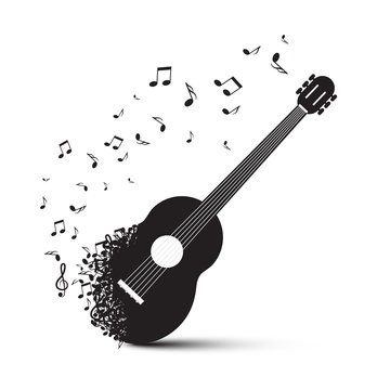Black Guitar with Notes Isolated on White Background