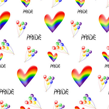 Colored rainbow hearts and  text Pride. Seamless pattern on the theme of gay parade, vector design