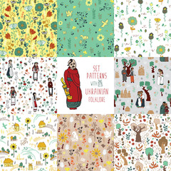 8 seamless patterns. Stylized by Ukrainian folklore flowers, trees, people, buildings.