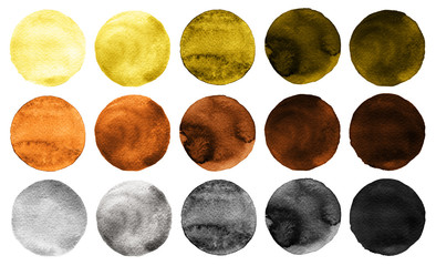 Watercolor circles in shades of yellow and brown colors isolated on white background.