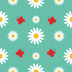 White daisy chamomile. Red butterfly insect. Cute flower plant collection. Camomile icon Growing concept. Seamless Pattern Wrapping paper, textile template. Green background. Flat design.