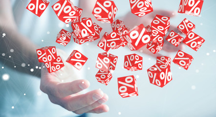 Businessman using white and red sales flying icons 3D rendering