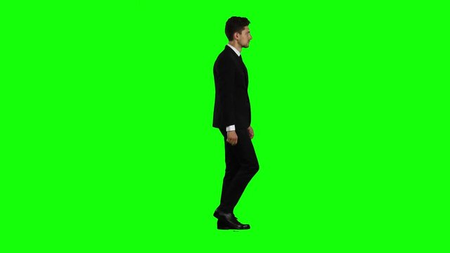 Man goes to a business meeting, thinks about money and profits. Green screen
