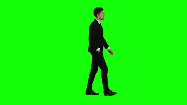 Man goes to a business meeting, thinks about money and profits. Green screen
