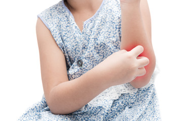 asian girl scratch the itch with hand her arm because of mosquito