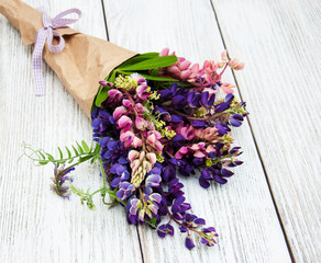 Lupine flowers on a  table