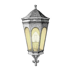 Fototapeta na wymiar Vintage road lamp hand drawing engraving style