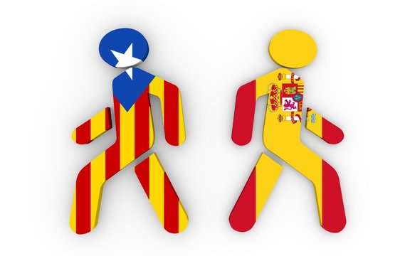 Two pedestrians textured by flags of Spain and Catalonia. Catalonia vote for leaving from the Spain state. Democracy political process with referendum. 3D rendering