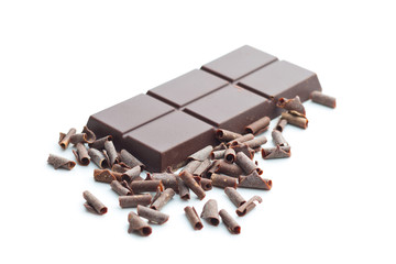 Tasty chocolate curls and bar.