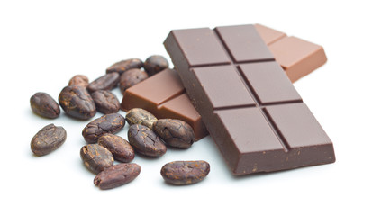 chocolate bar and cocoa beans.