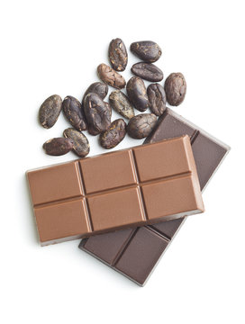 chocolate bar and cocoa beans.
