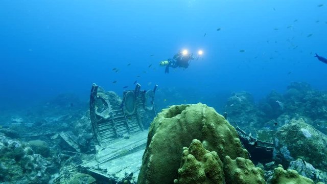 Unterwasser - Riff - Wrack - Flugzeugwrack - Schwamm - Koralle - Taucher - Tauchen - Curacao - Karibik - 4K