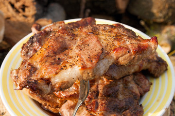 Close up view of juicy pork steak on fork cooked on an open flame grill on big white plate..