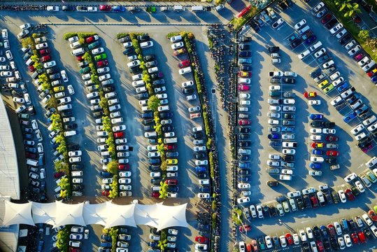 Automobile parking lot, view from the drone