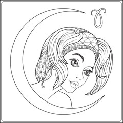 Aries. A young beautiful girl In the form of one of the signs of the zodiac.  Outline hand drawing coloring page for adult coloring book. Stock line vector illustration.