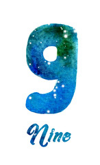 Hand painted watercolor of galaxy or night sky with stars number “Nine” 9 font isolated on...