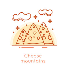 Cheese mountains and clouds in thin line flat design. Fun food  banner.