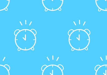 Seamless pattern with contour alarm clock on blue background. Thin line flat design. Vector.