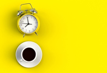 Coffee cup with alarm clock on yellow background, Top view with copyspace for your text, 3D rendering