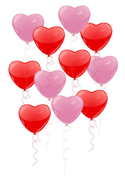 Red and pink heart balloons on white background. Red and pink balloons isolated.