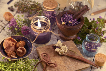 Close up with diary, black candle, mushrooms, healing herbs and flowers. Mystic and occult still life, vintage background
