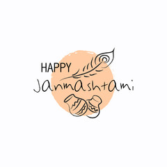 Happy Janmashtami festival typographic design with text, Lord Krishna, flute, sweets. Vector illustration