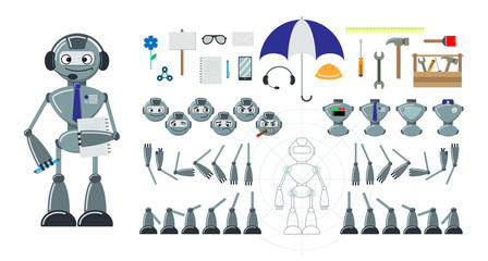 Cartoon robot flat constructor. Set of heads with emoji, bodies, legs, hands. Additional elements - tools, umbrella, phone, spinner, flower, envelope, pen, notebook, signboard. Vector illustration.