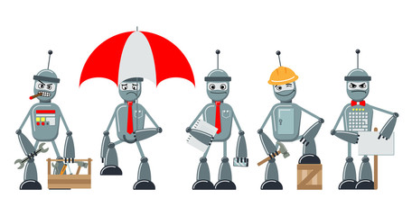 Set of flat cartoon robots. The same style personage in different poses and emotions. Joyful, angry, sad, dreamy. Vector illustration.