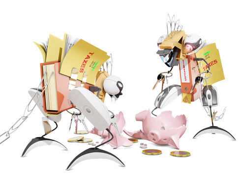 tax monsters eating a piggy bank, 3D rendering