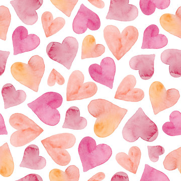 Watercolor seamless pattern with hearts. Watercolor wedding background. Watercolor romantic texture.