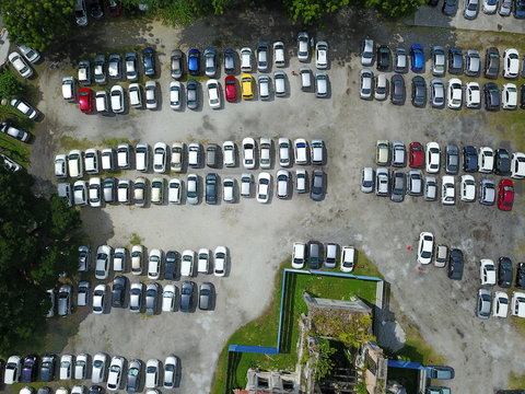 Aerial view from the drone on the car parking lot