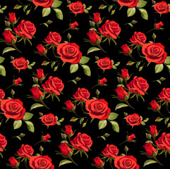 Seamless floral pattern with red roses on a black background