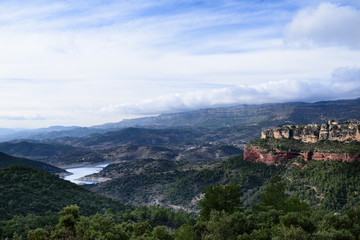 Fototapeta na wymiar A valley landscape in Spain. Moorish castle of Siurana, Monsant, Catalonia.
