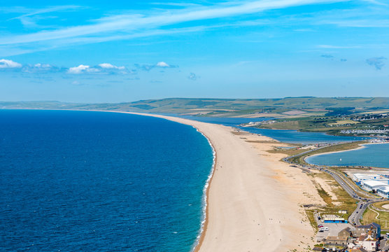 Aerial view on Chesil Beach on Isle of Portland, UK