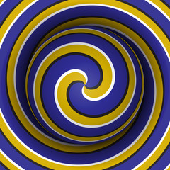 Fototapeta na wymiar Optical motion illusion background. Sphere with a blue yellow spiral pattern on double helix background.