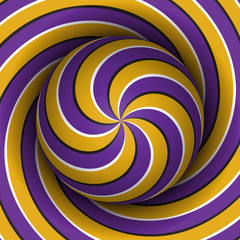 Optical motion illusion background. Sphere with a purple yellow multiple spiral pattern on helix background.