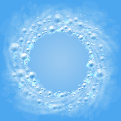 Bubbles. The flow of air bubbles in the water. Transparent soap bubbles like frame on blue background circling in a circle. Bubbles is a transparent objects. Vector illustration.