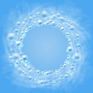Bubbles. The flow of air bubbles in the water. Transparent soap bubbles like frame on blue background circling in a circle. Bubbles is a transparent objects. Vector illustration.