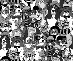 Fashion cats and dogs in glasses gray scale seamless pattern