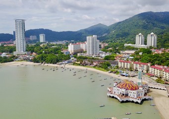 Aerial view on floating mosque from the drone,above the Penang,Malaysia