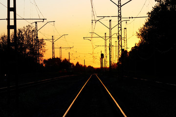 View of the railway against the sky just after sunset city Gatchina Russia
