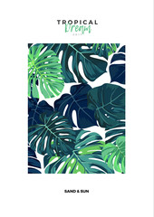 Summer vector tropical design with green monstera palm leaves. Space for text.