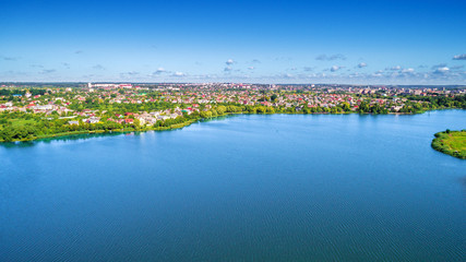 drone with a camera, beautiful summer small river from a height