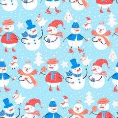 Fototapeta premium Vector illustration of holidays snowman with Christmas tree, candy, snowflakes, gift. Christmas and New Year set for design.