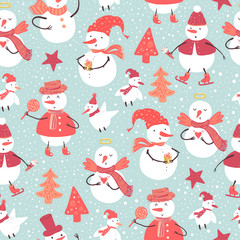 Vector illustration of holidays snowman with Christmas tree, candy, snowflakes, gift. Christmas and New Year set for design.