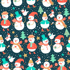Vector illustration of holidays snowman with Christmas tree, candy, snowflakes, gift. Christmas and New Year set for design.