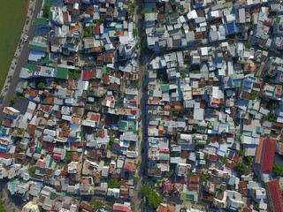 Aerial view from the drone above the roofs on the Penang island,Malaysia
